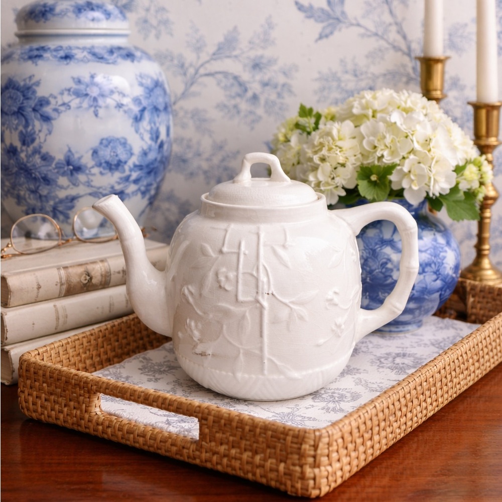 Vintage Ironstone Teapot White Embossed Bamboo Chinoiserie - Staffordshire